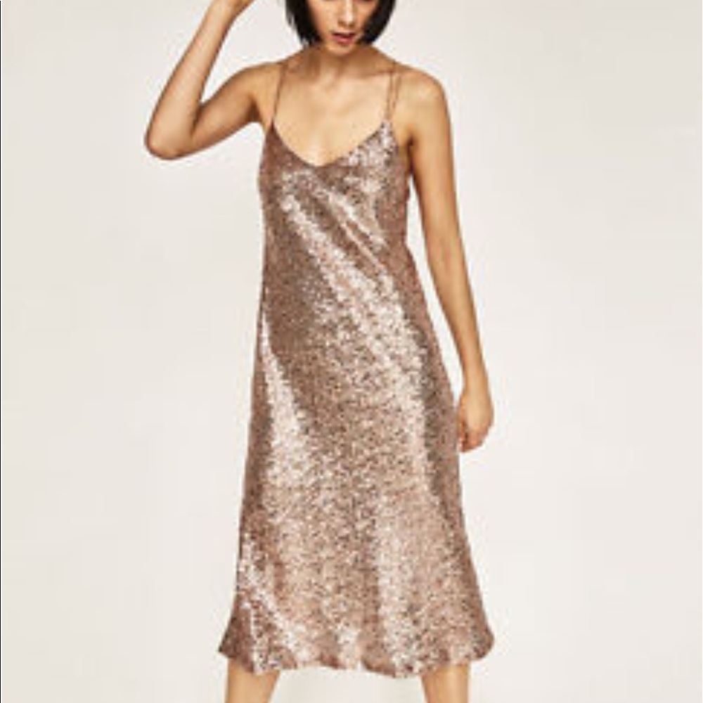 ZARA Rose Gold Sequin Dress Midi Lined